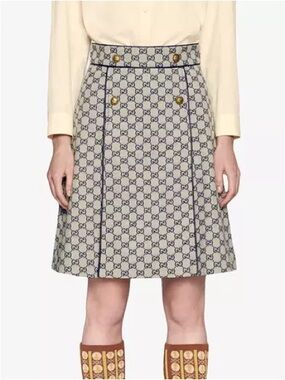 Gucci Beige GG Monogram A-Line Skirt with Gold Buttons